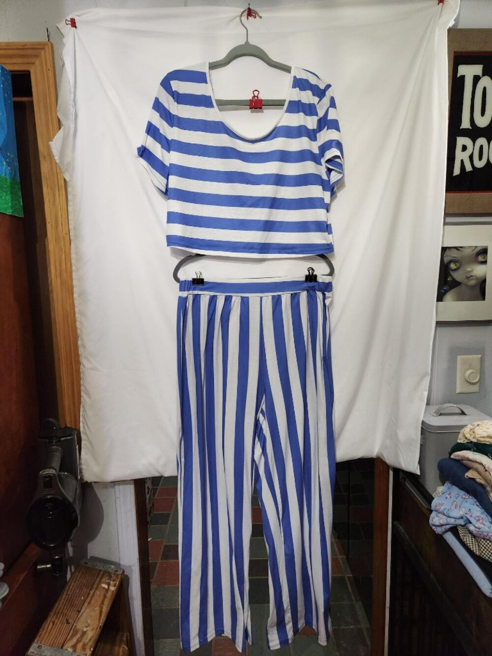 Blue White Stripe 2 Piece Lounge Set 3XL Wide Leg Palazzo Pants Matching Outfit